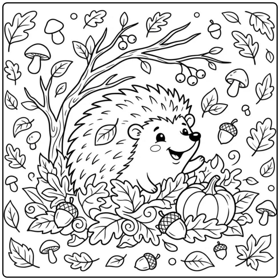 Speelse egel kleurplaat tussen de herfstbladeren en eikels.