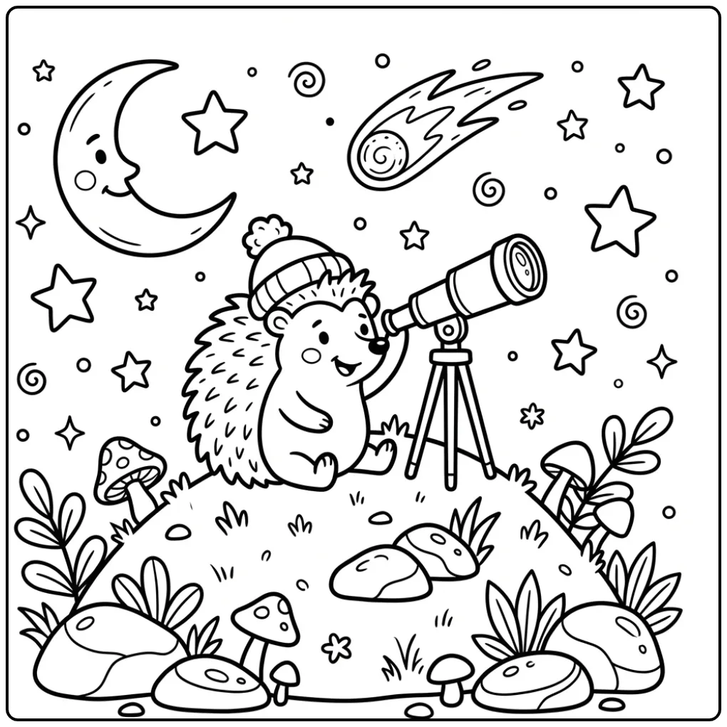 Egel kleurplaat sterrenkijken met komeet en maan