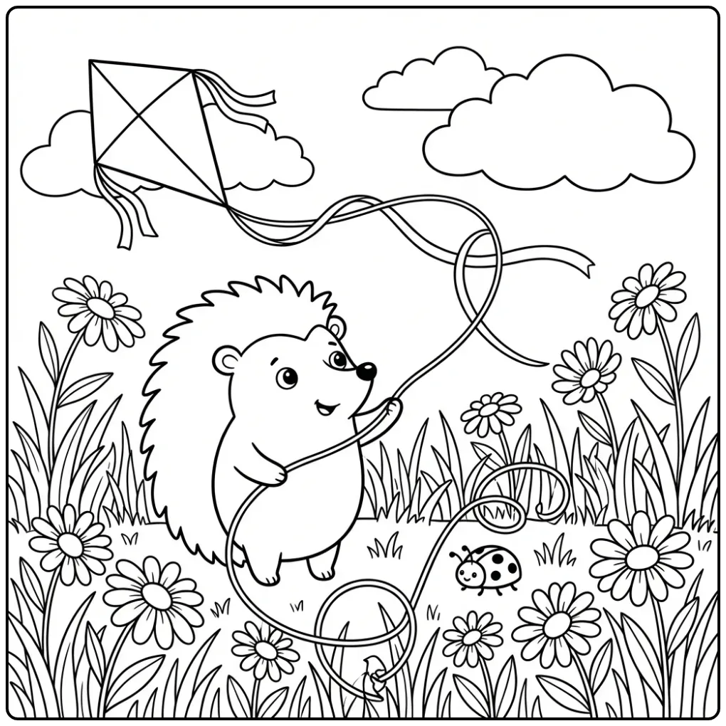 Vrolijke egel kleurplaat vliegerend tussen madeliefjes