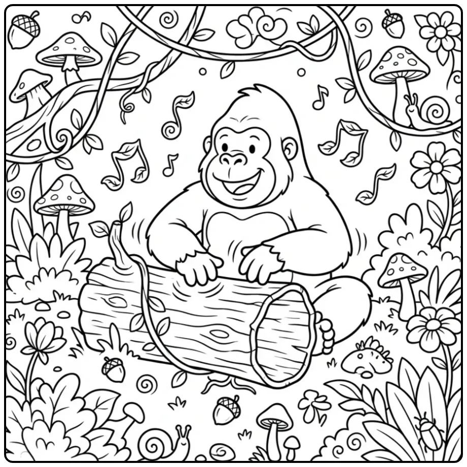 Vrolijke gorilla kleurplaat trommelend op een boomstam.