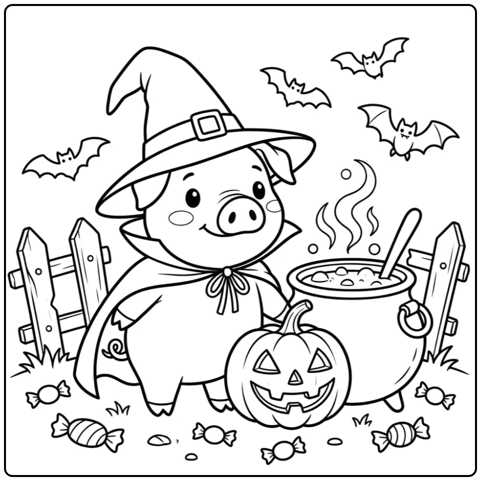 Leuke Halloweenkleurplaat van een varken met een toverketel