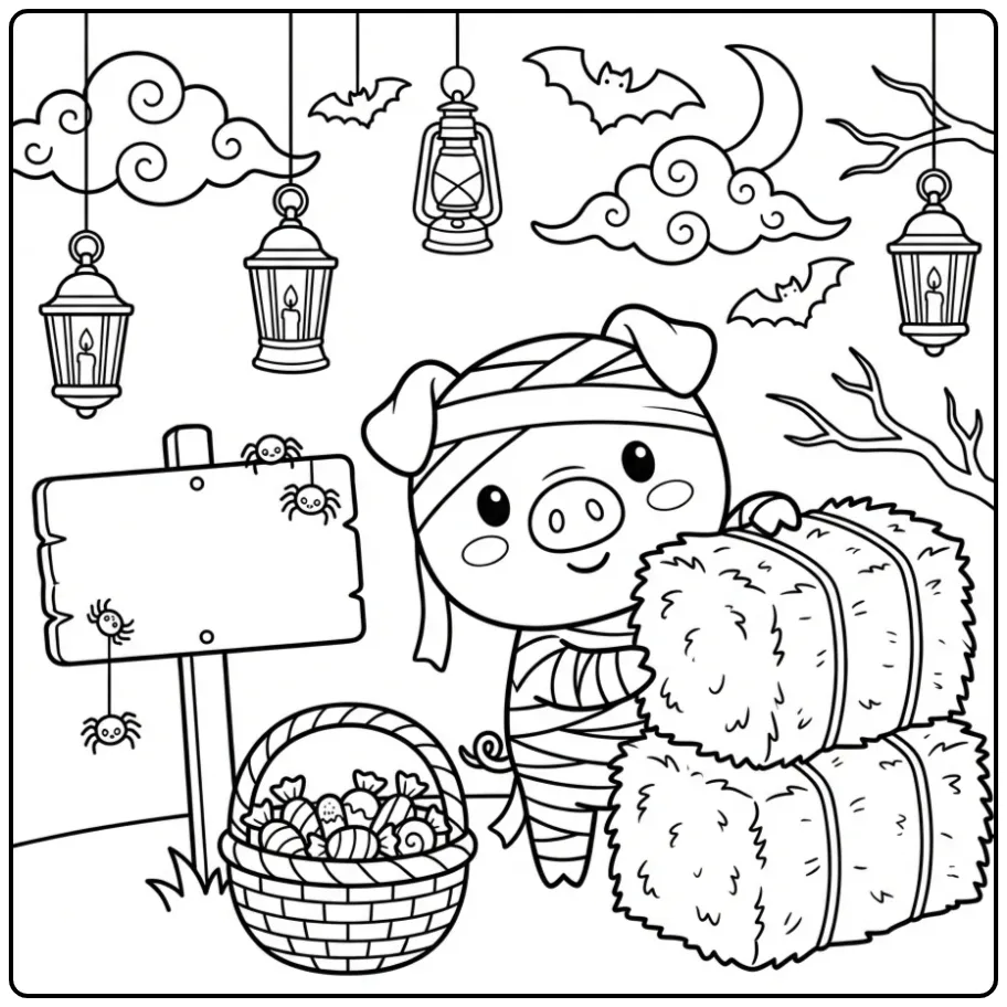Download deze Halloweenkleurplaat van een varken als mummie.