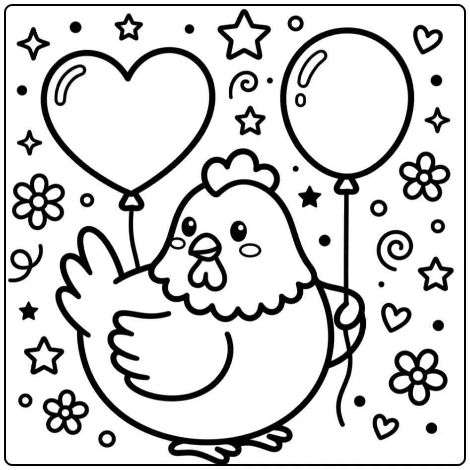 Leuke kleurplaat kip peuters met hart en ballon om te kleuren.