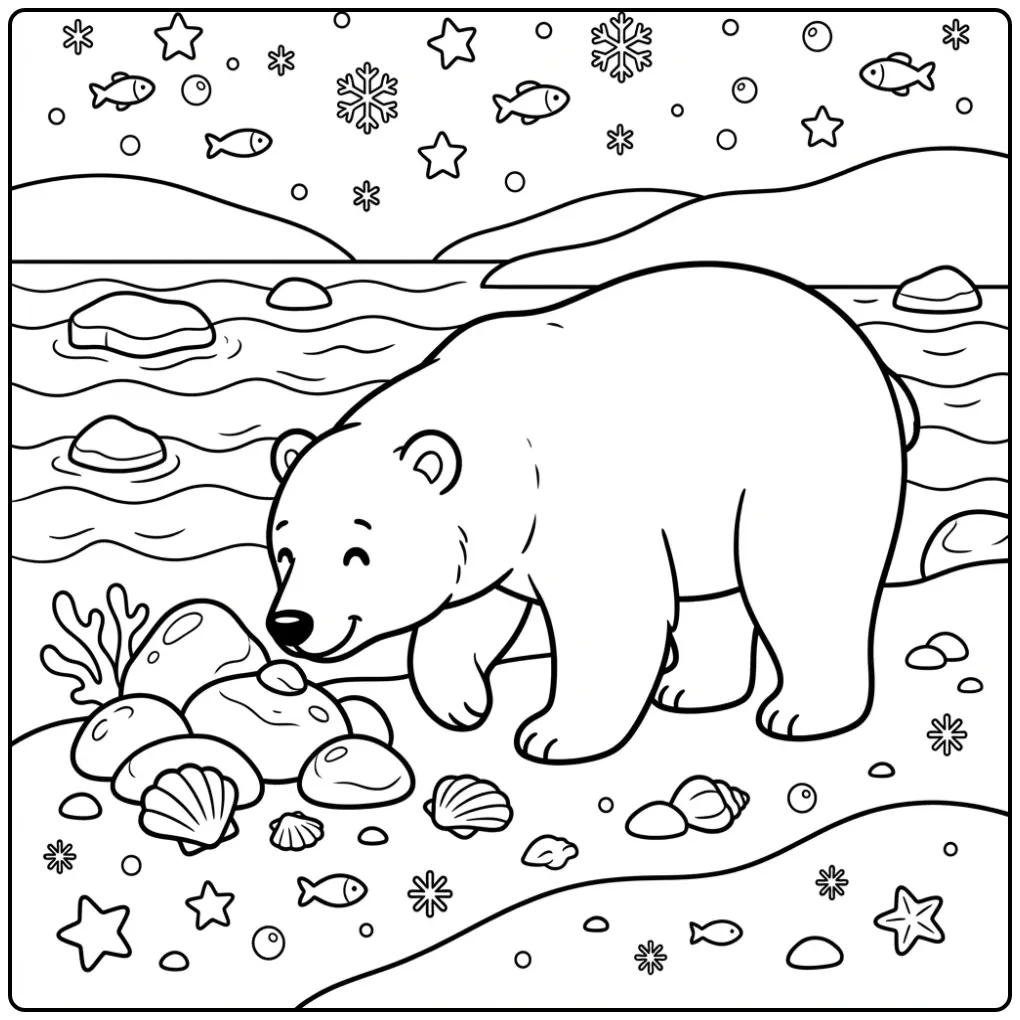 Leuke ijsbeer kleurplaat snuffelend bij rotsen en ijs.