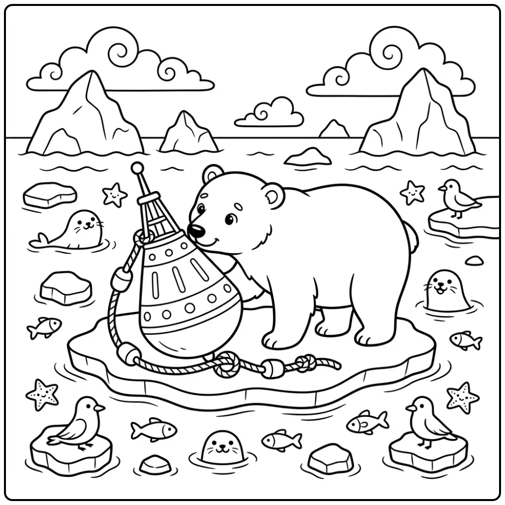 Leuke ijsbeer kleurplaat met een onderzoeksboei en ijs.
