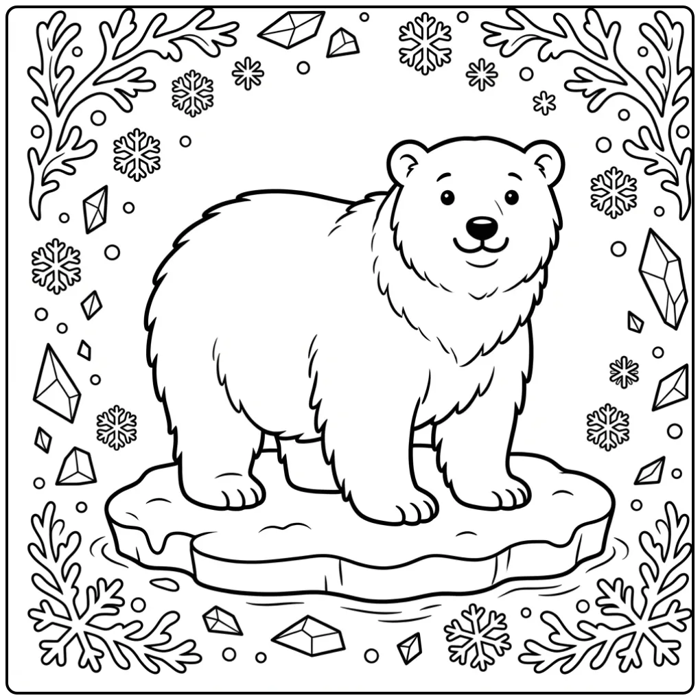Close-up ijsbeer kleurplaat met pluizige vacht en ijs.