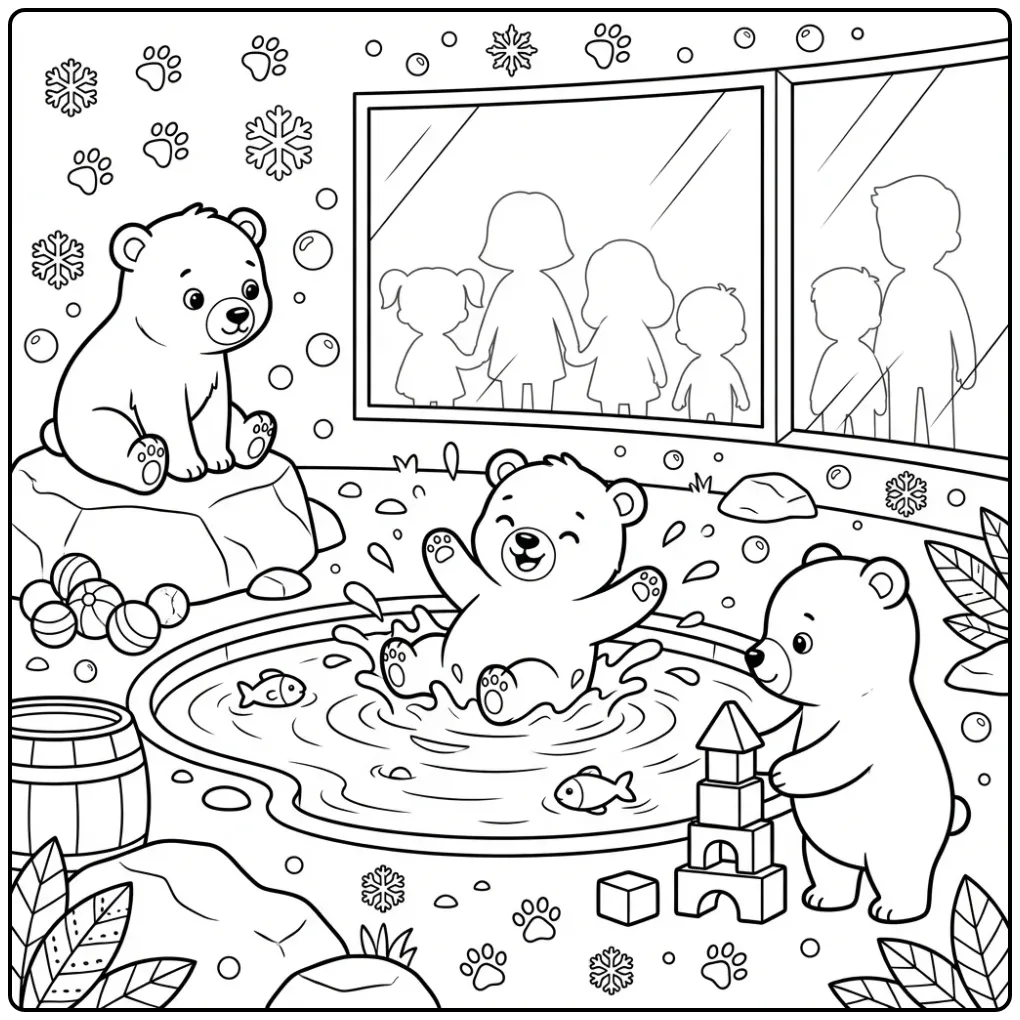 Spelende ijsberen kleurplaat met water en speelgoed.