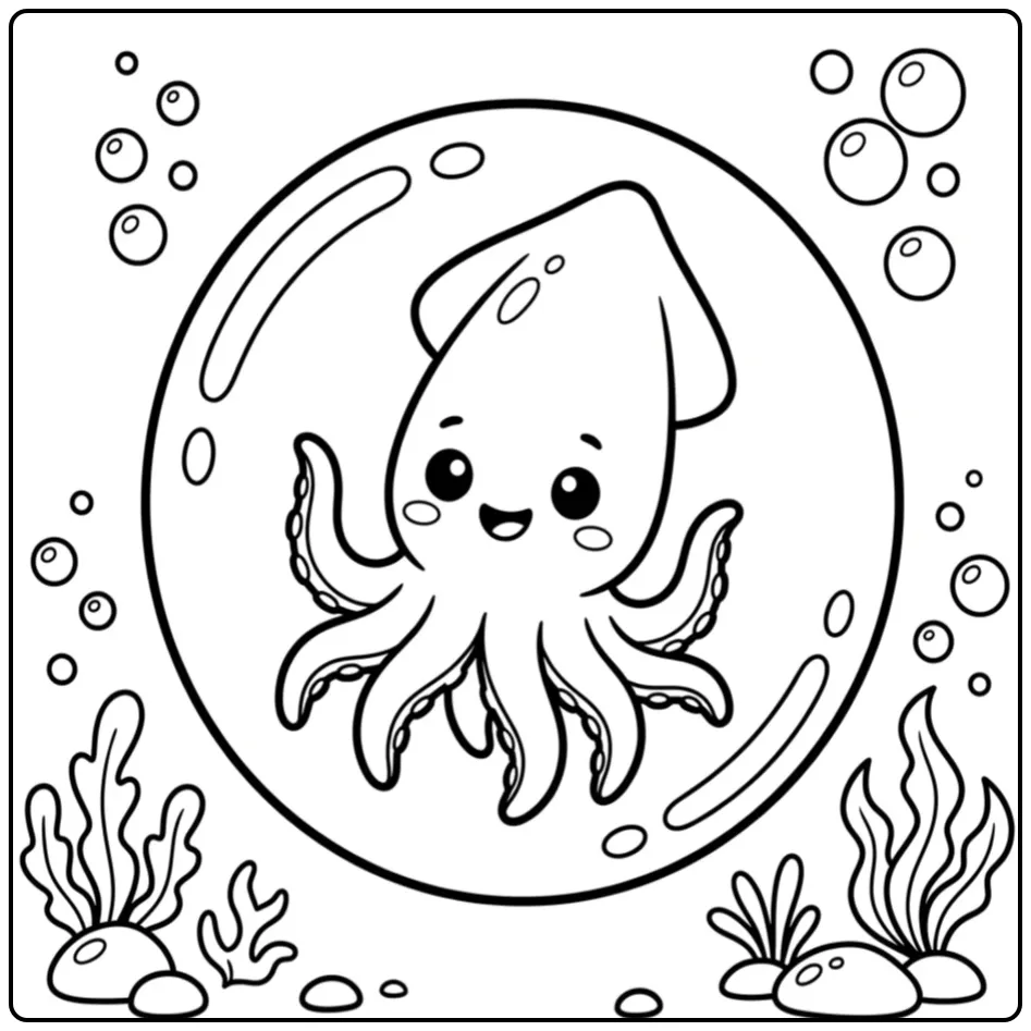 Leuke inktvis kleurplaat met onderwaterbubbels en plantjes.