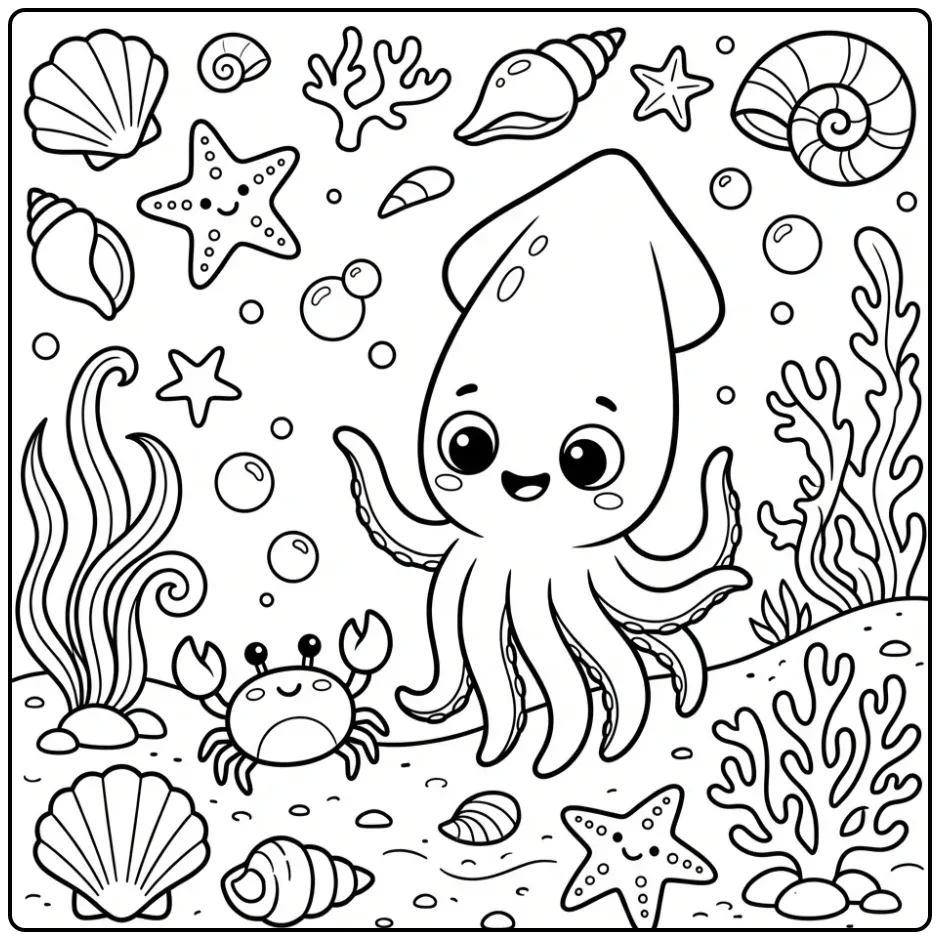 Vrolijke inktvis kleurplaat groet een krabje op de zeebodem