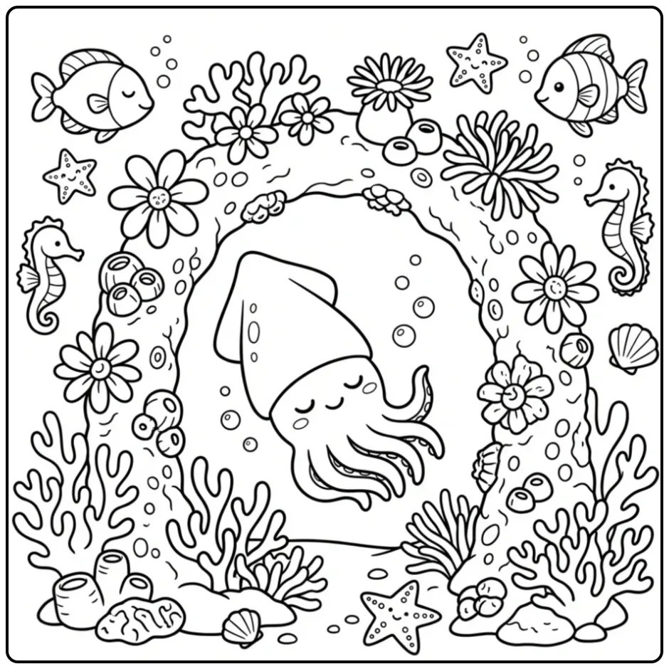 Rustende inktvis kleurplaat onder een koraalboog.