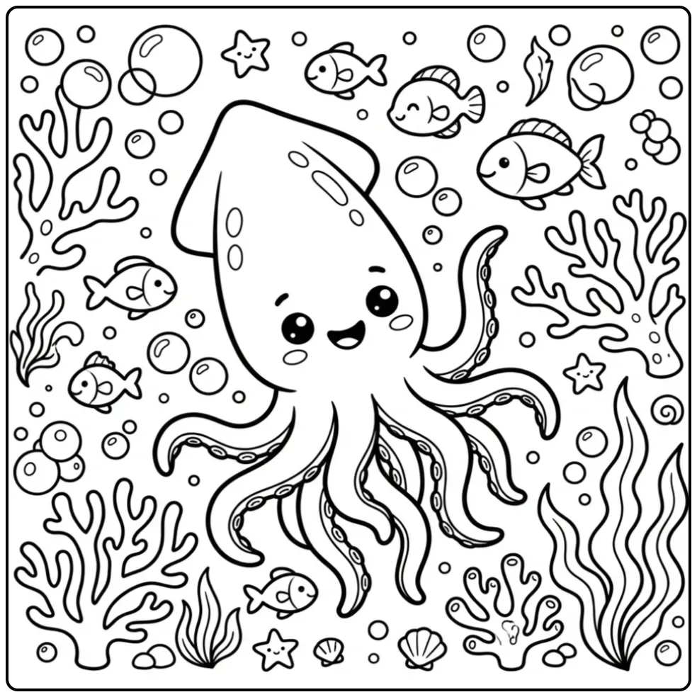 Vrolijke inktvis kleurplaat zwaaiend in de zee.