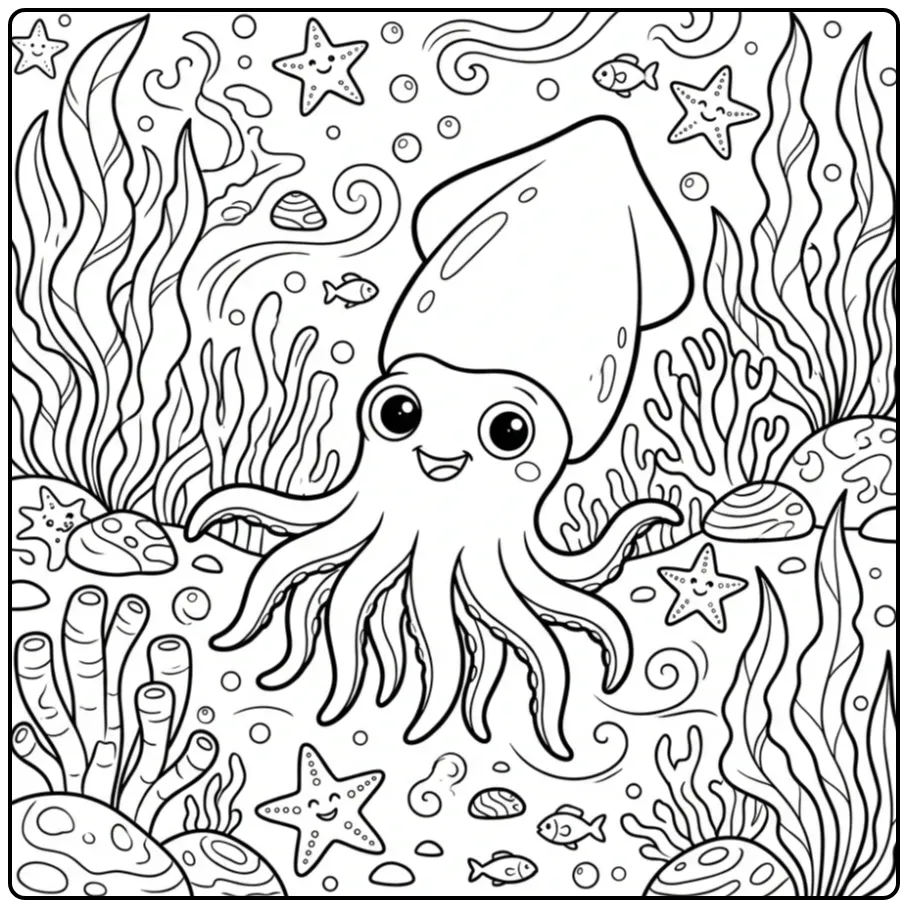 Vrolijke inktvis kleurplaat zwemmend tussen hoog zeewier.