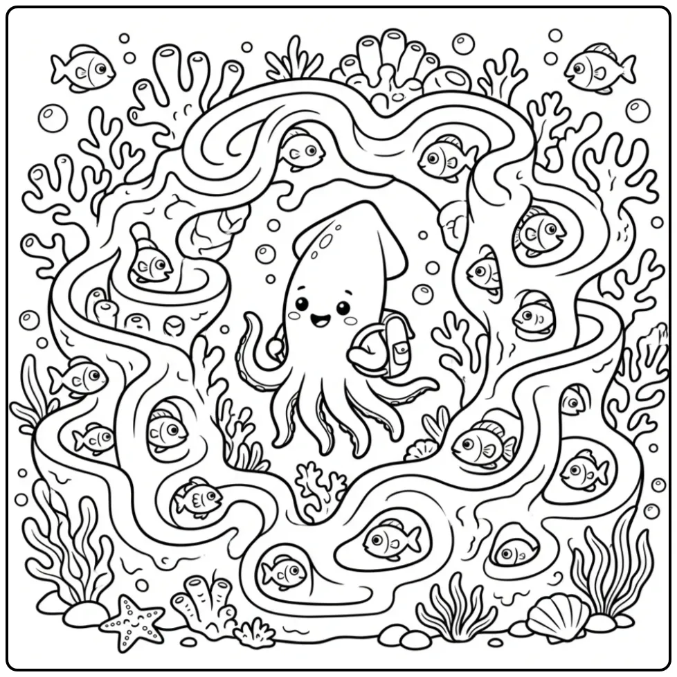 Cartoon inktvis kleurplaat in een koraal doolhof.
