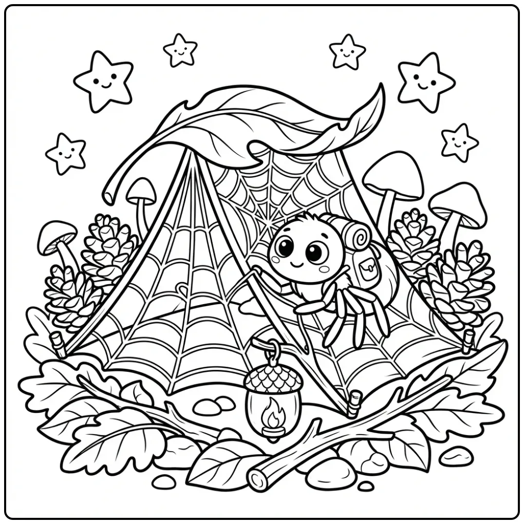 Leuke spin kleurplaat met een tent van spinnenweb