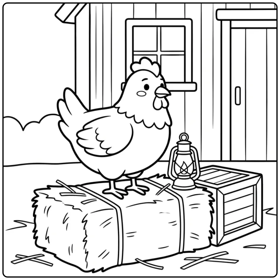 Kip kleurplaat eenvoudig met lantaarn en hooibaal.