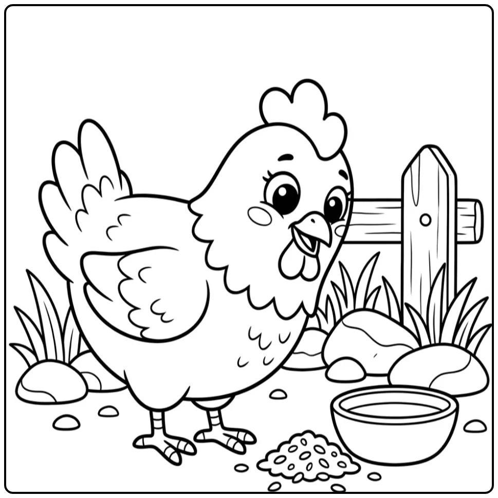 Een etende hen op een kip kleurplaat eenvoudig.