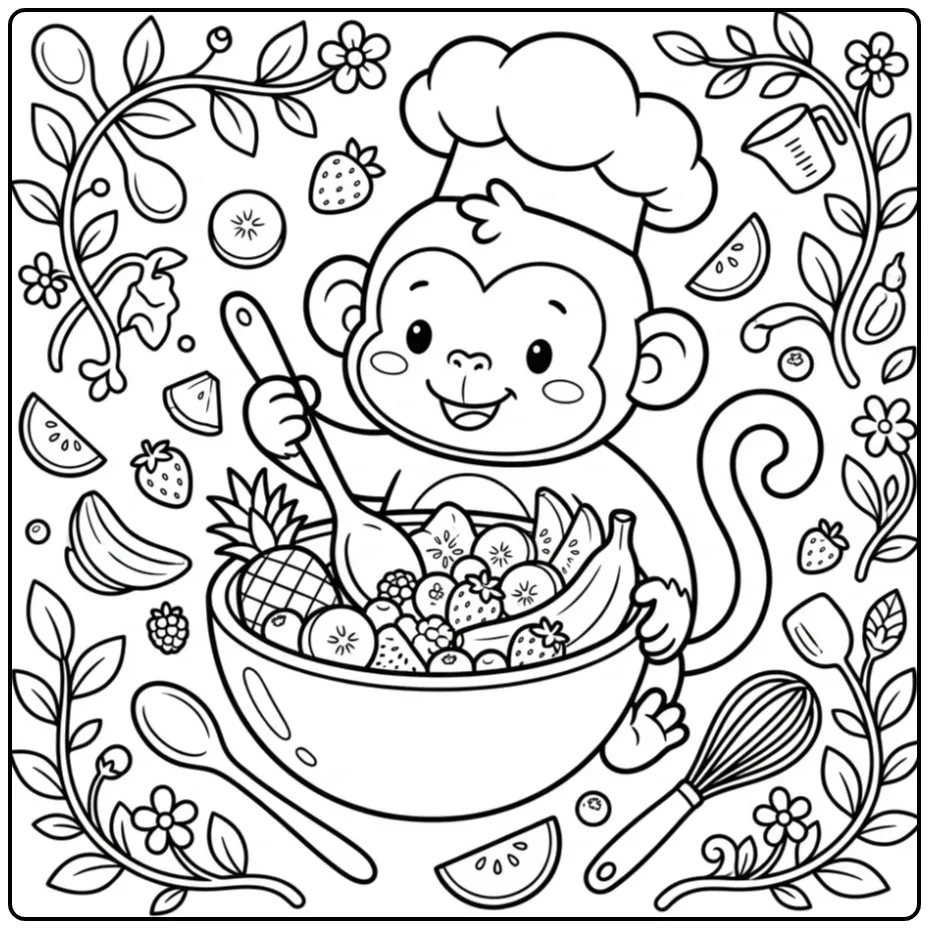 Een kleurplaat aap die fruitsalade maakt in een grote kom.