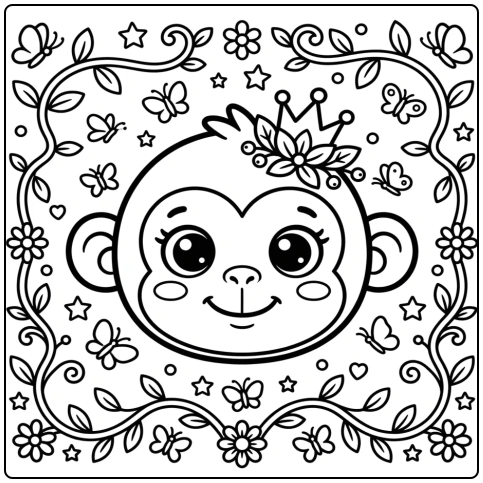 Leuke kleurplaat aap hoofd met een natuurkroon.