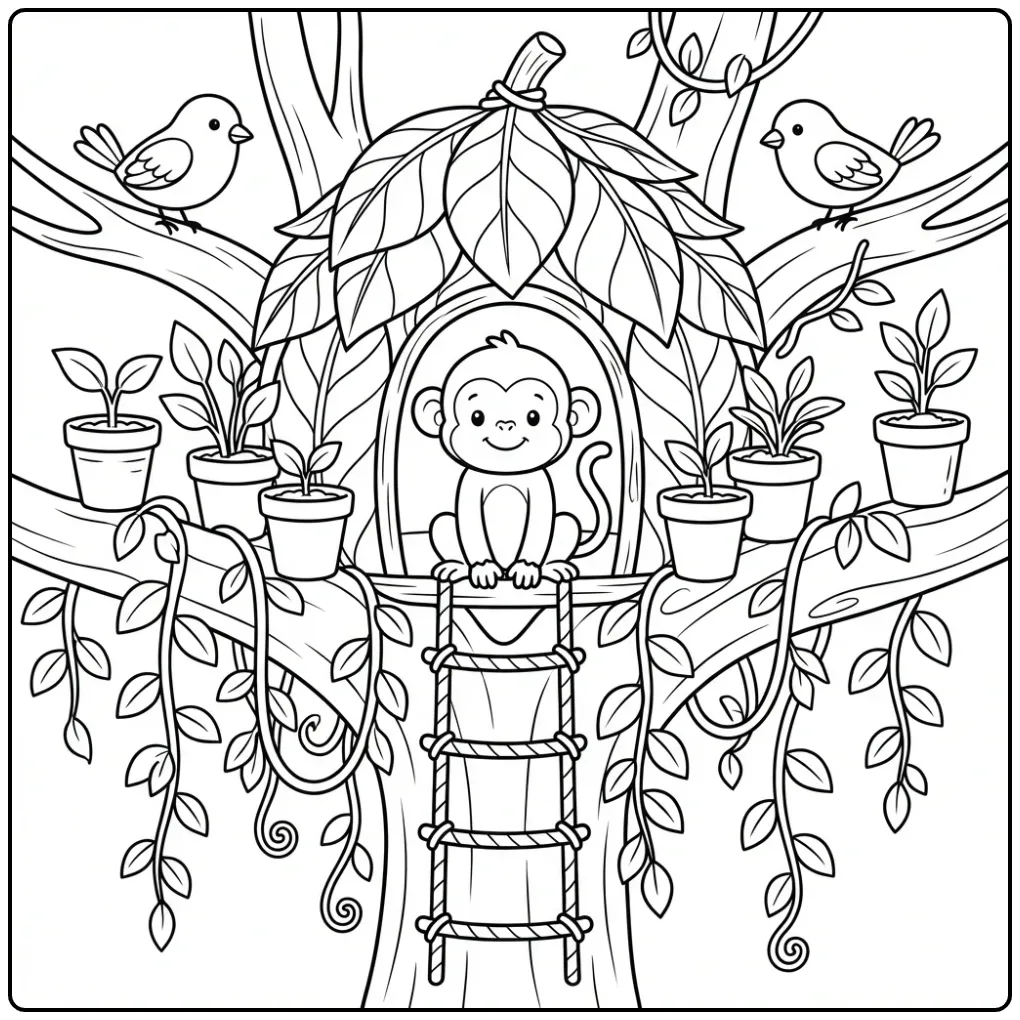 Vrolijke kleurplaat aap in boom met vogeltjes en lianen.