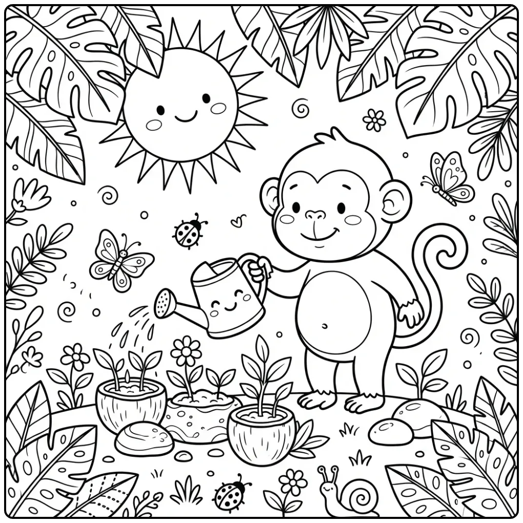 Vrolijke kleurplaat aap die plantjes water geeft in de tuin.