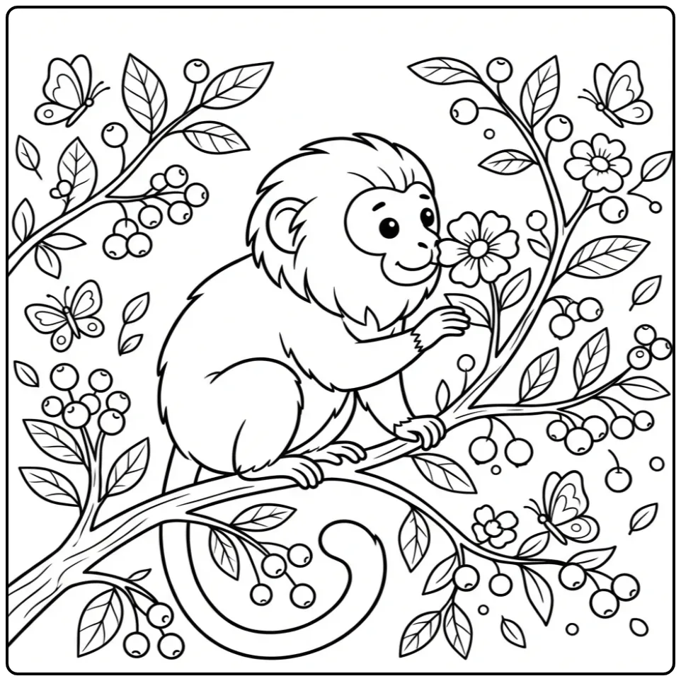 Kleurplaat aap: gouden leeuwaapje ruikt aan bloem.