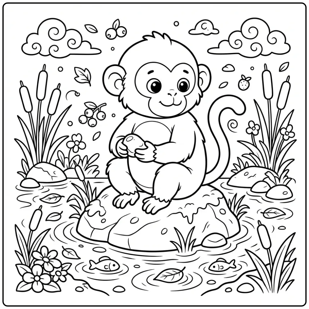 Een leuke kleurplaat aap met een steentje aan het water.