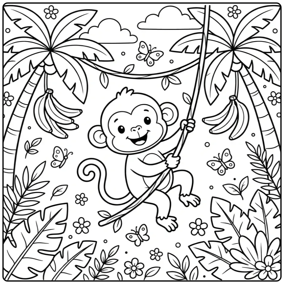 Speelse kleurplaat aap in de jungle met bananen en vlinders.