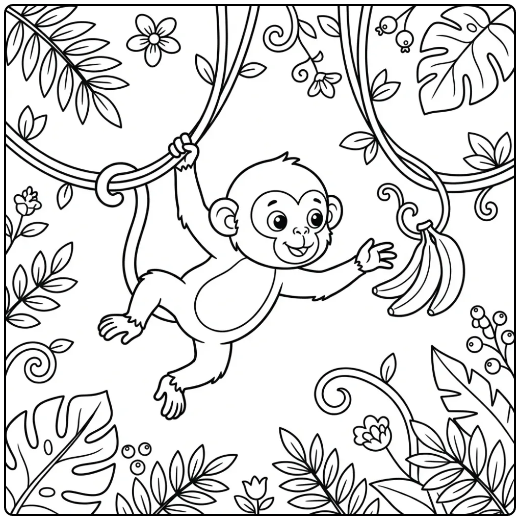 Een vrolijke kleurplaat aap die slingert naar bananen.