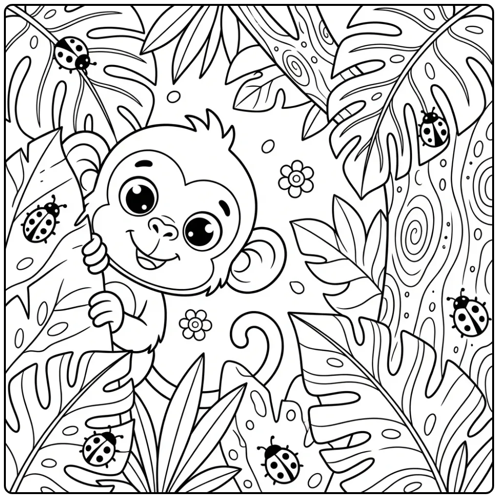 Een leuke kleurplaat aap die achter een groot blad kijkt.