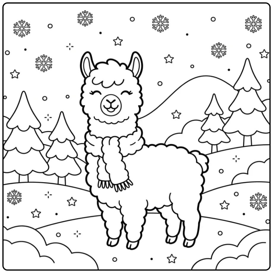 Een vrolijke kleurplaat alpaca met sneeuwvlokken en heuvels