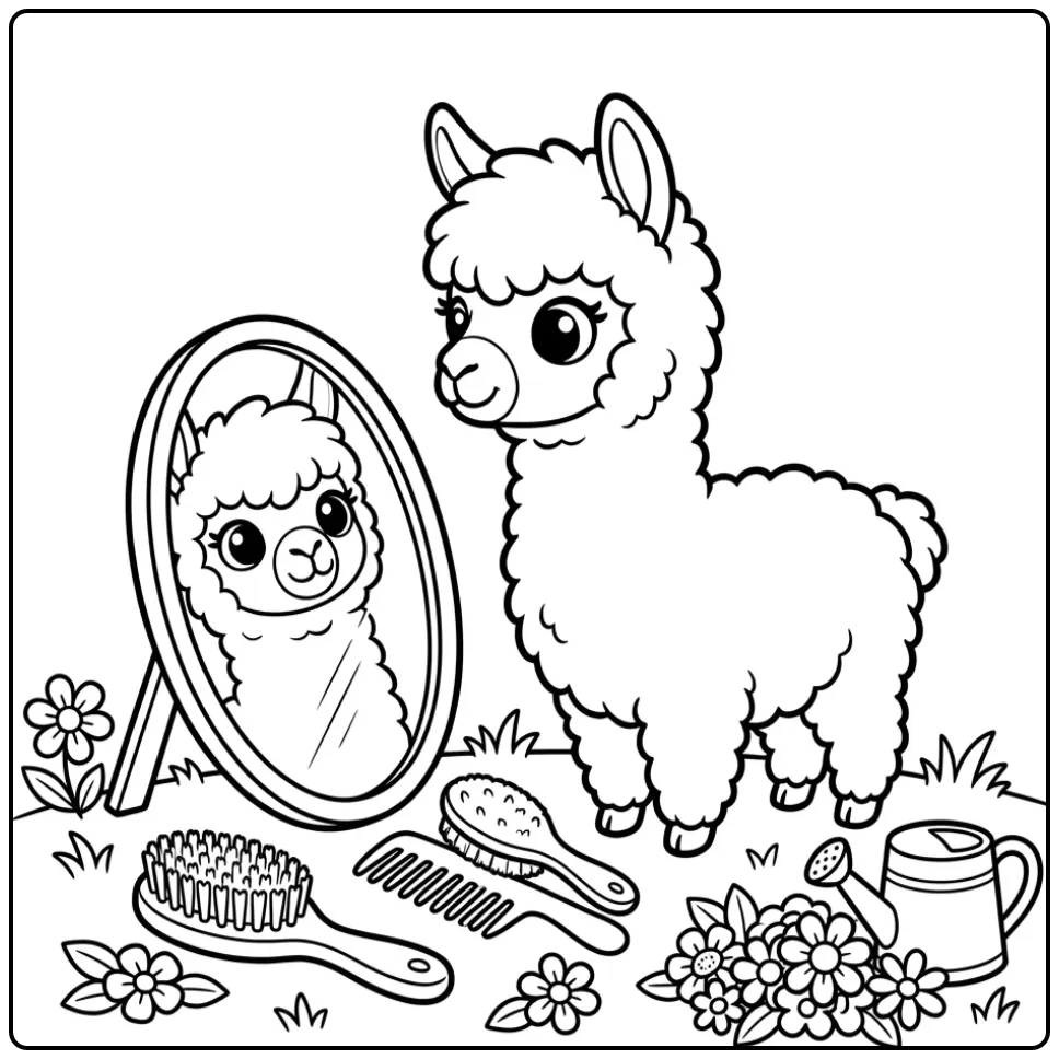 Een leuke kleurplaat alpaca die in de spiegel kijkt.