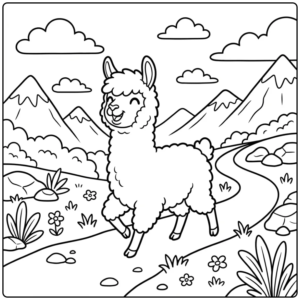 Vrolijke kleurplaat alpaca in een berglandschap.