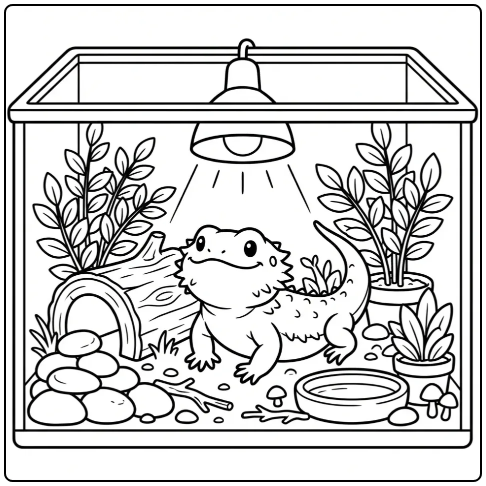 Kleurplaat baardagaam zonnend op een boomstam