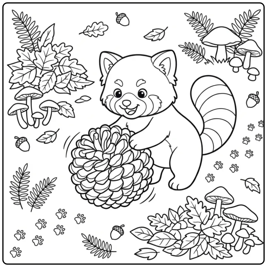 Kleurplaat baby rode panda die speelt met een grote dennenappel.