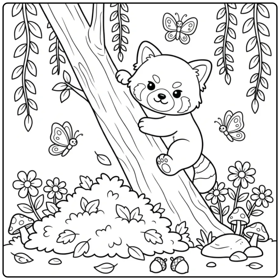 Klimmende kleurplaat baby rode panda met vlinders en bladeren.