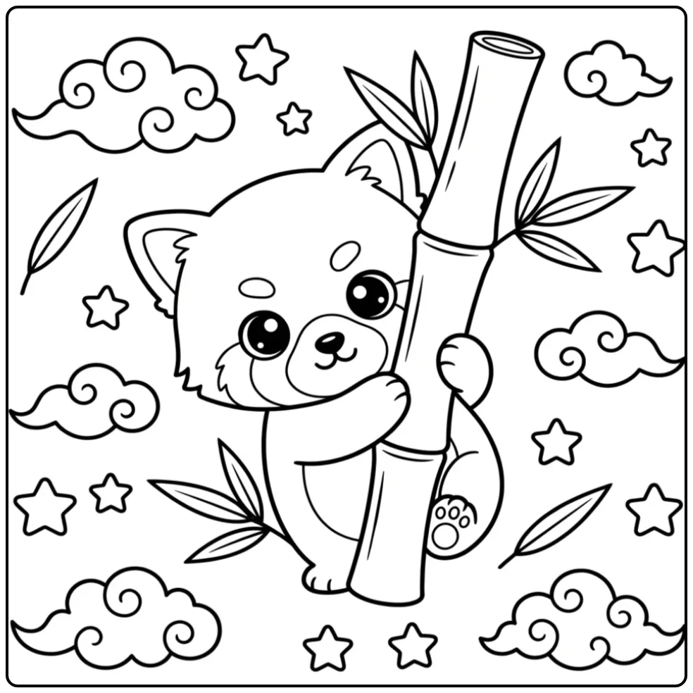 Een leuke kleurplaat baby rode panda achter bamboe.