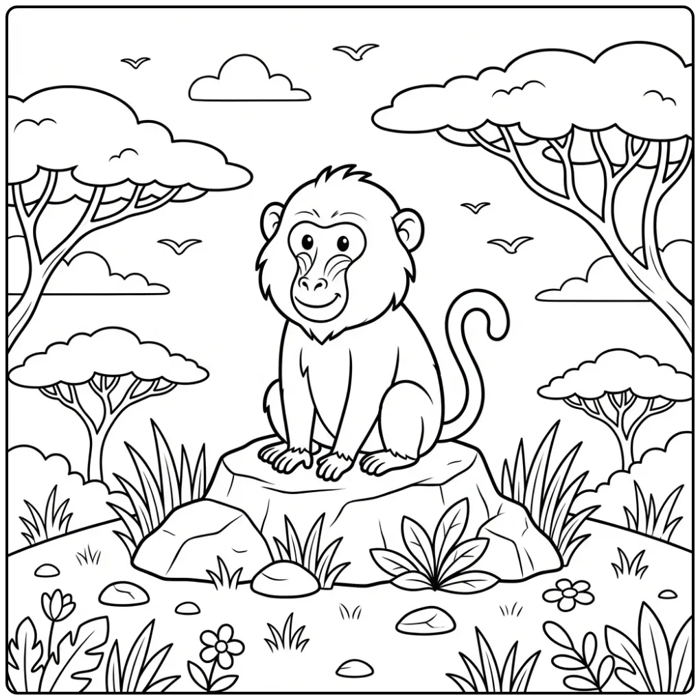Vrolijke kleurplaat baviaan zittend op een rots.