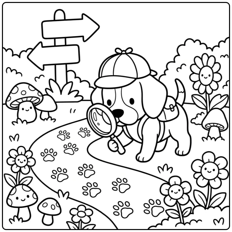 Een kleurplaat beagle zoekt sporen met een vergrootglas.
