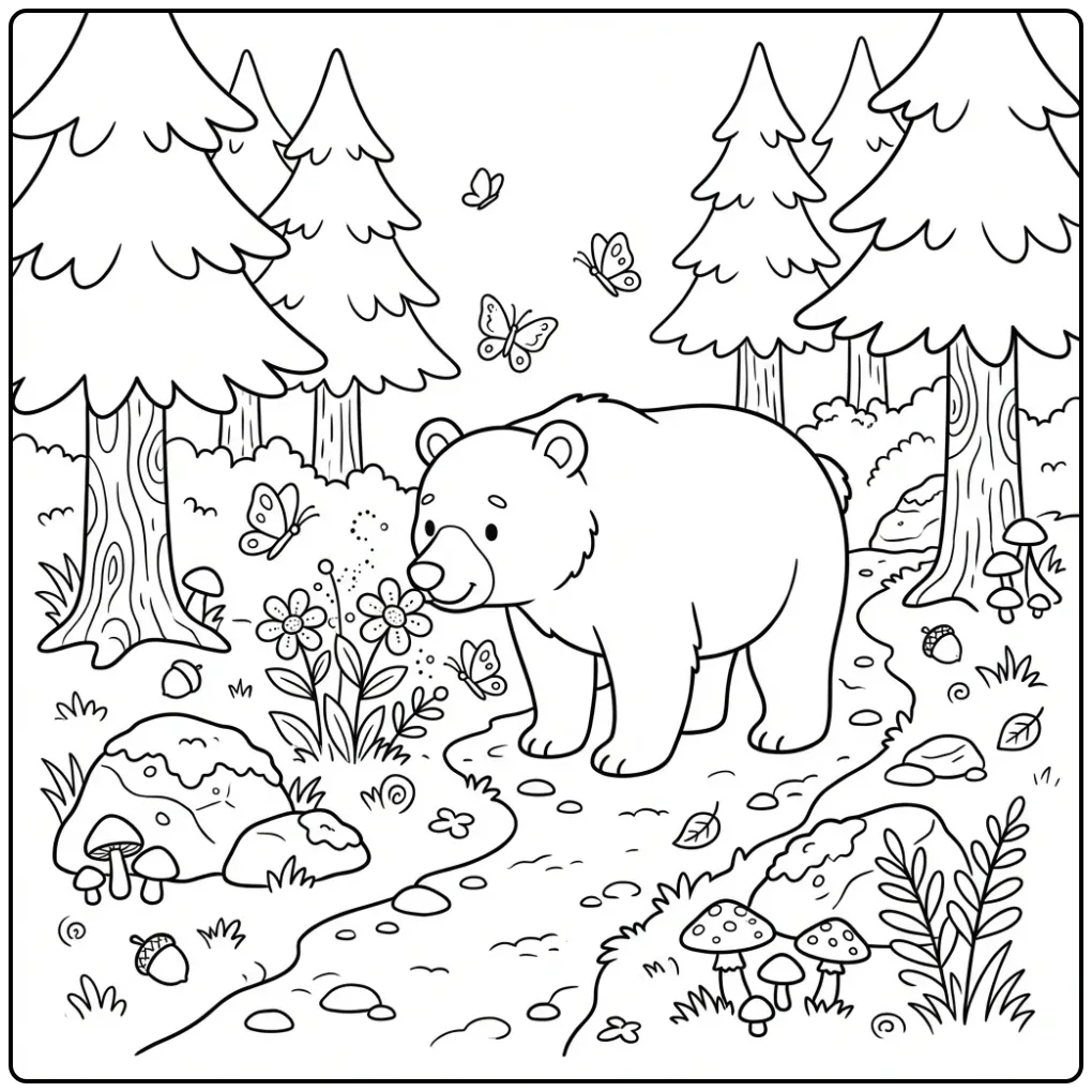 Kleurplaat beer in het bos omringd door natuur en bloemen