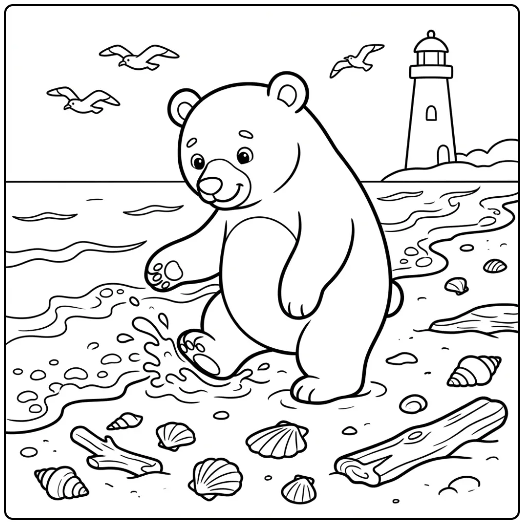 Kleurplaat beer spettert in de zee met schelpen.