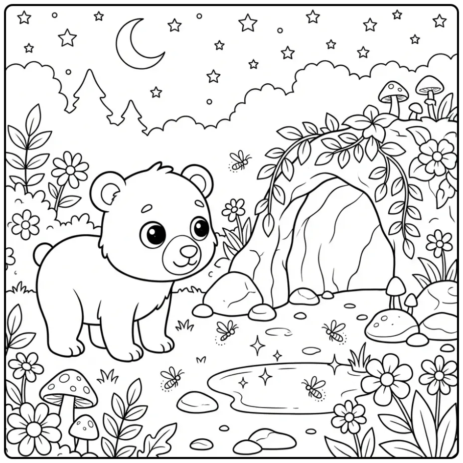 Kleurplaat beertje ontdekt een gezellige grot in het bos.