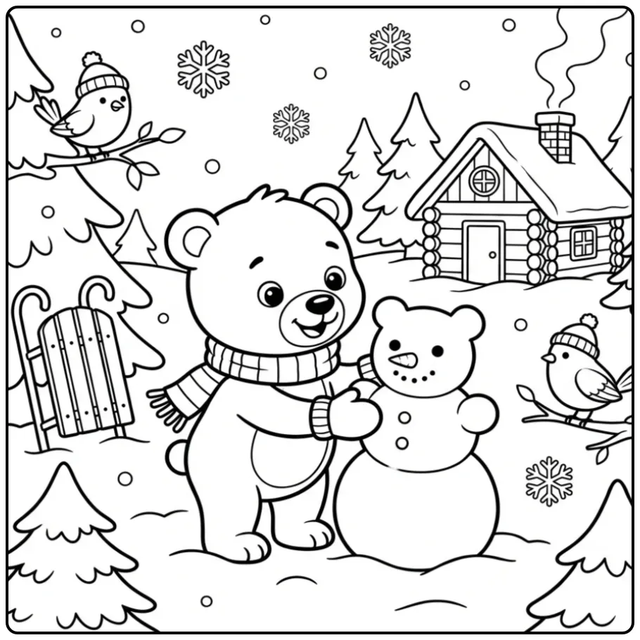 Kleurplaat beertje bouwt sneeuwpop bij een hutje.