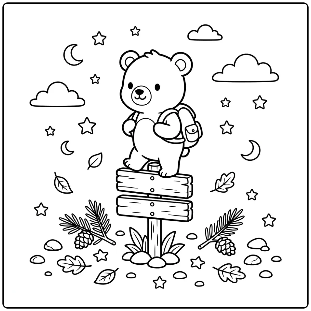 Kleurplaat beertje met rugzak op een wegwijzer in het bos.