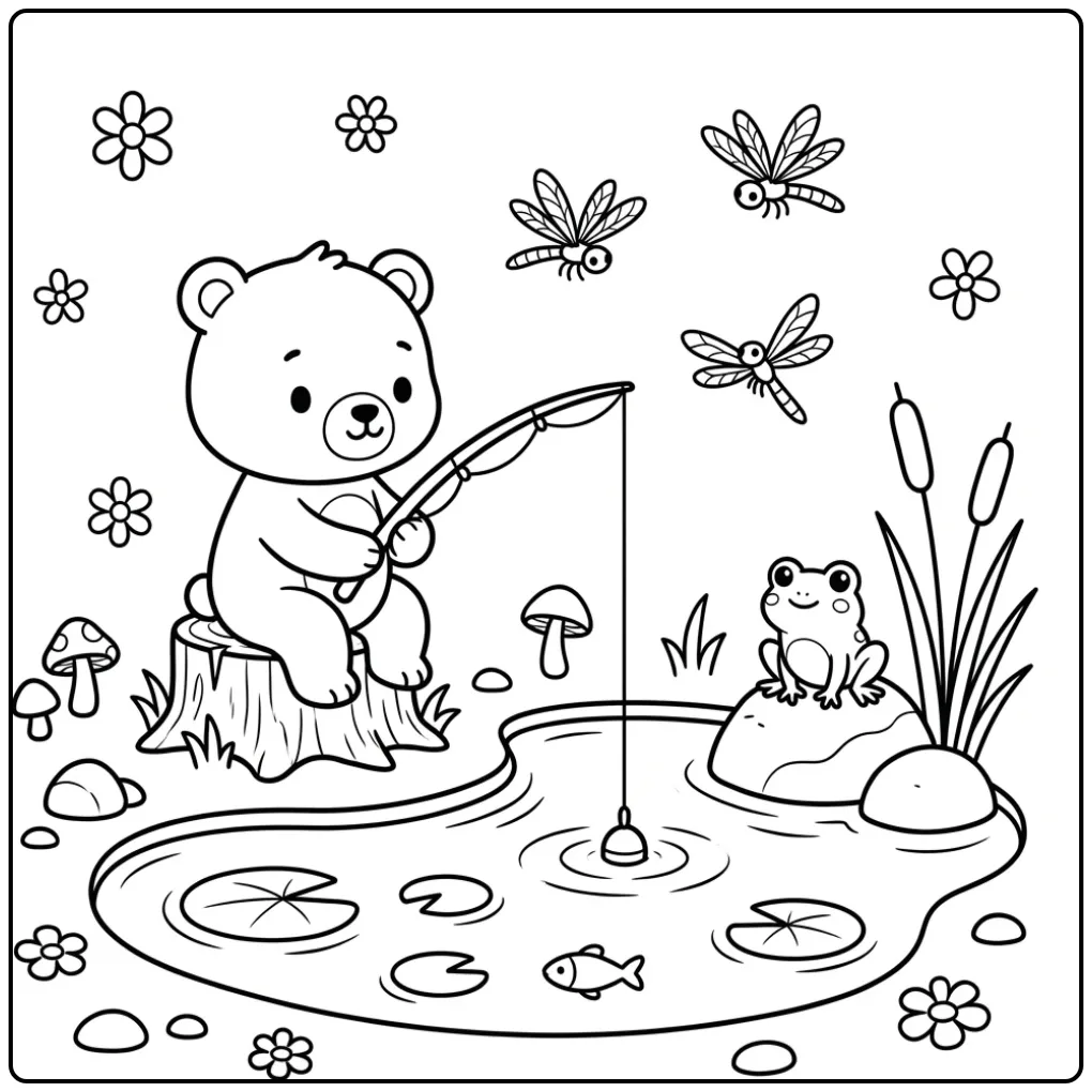 Een leuke kleurplaat beertje dat vist bij een vijver.