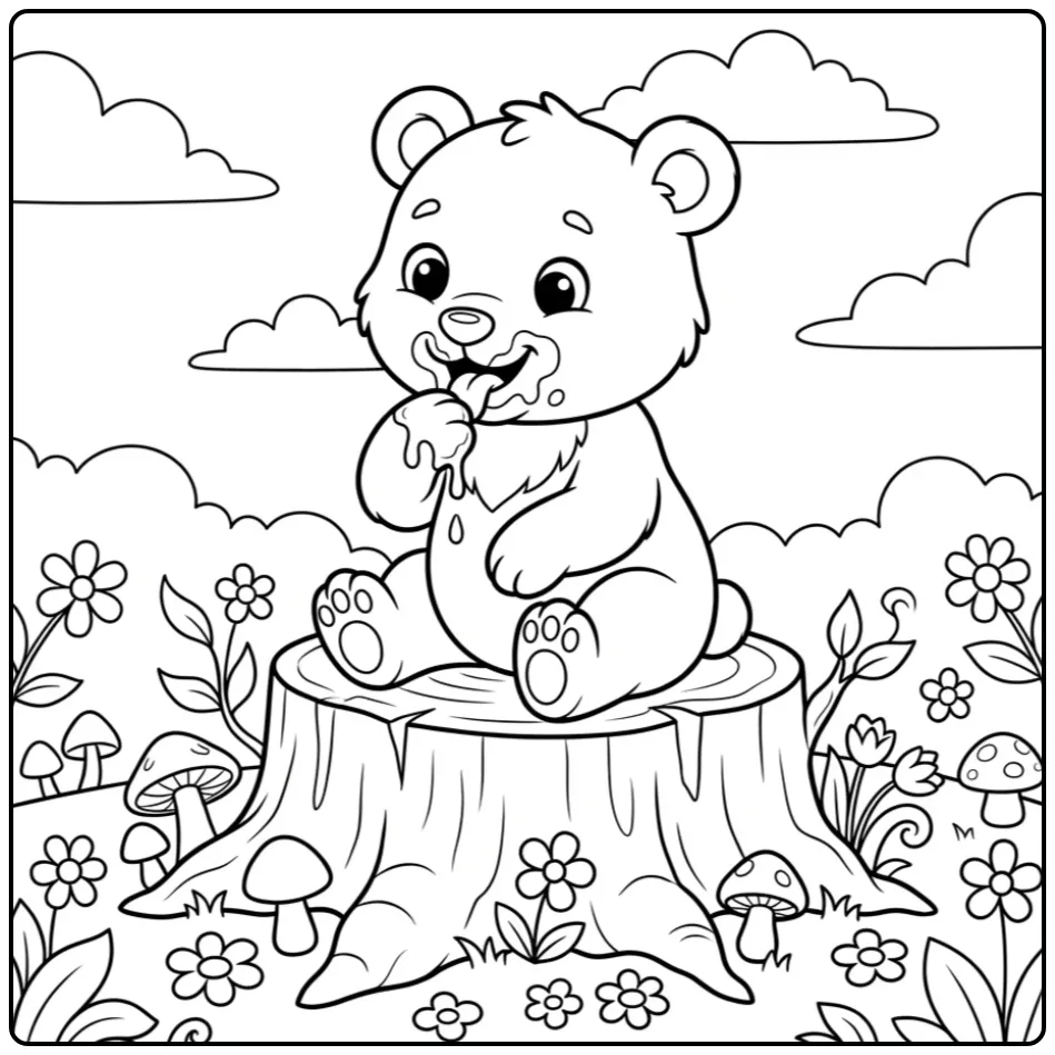 Kleurplaat beertje smult van honing op een stronk in het bos