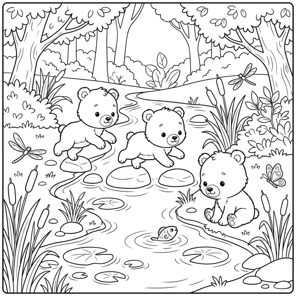 Leuke kleurplaat beertjes springen over stapstenen in het bos.