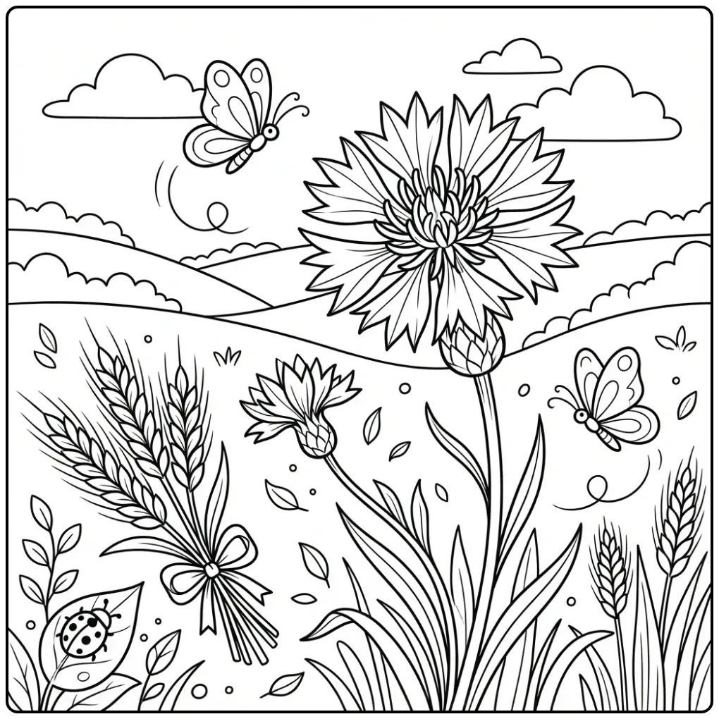 Vrolijke kleurplaat bloemen en vlinders met een korenbloem