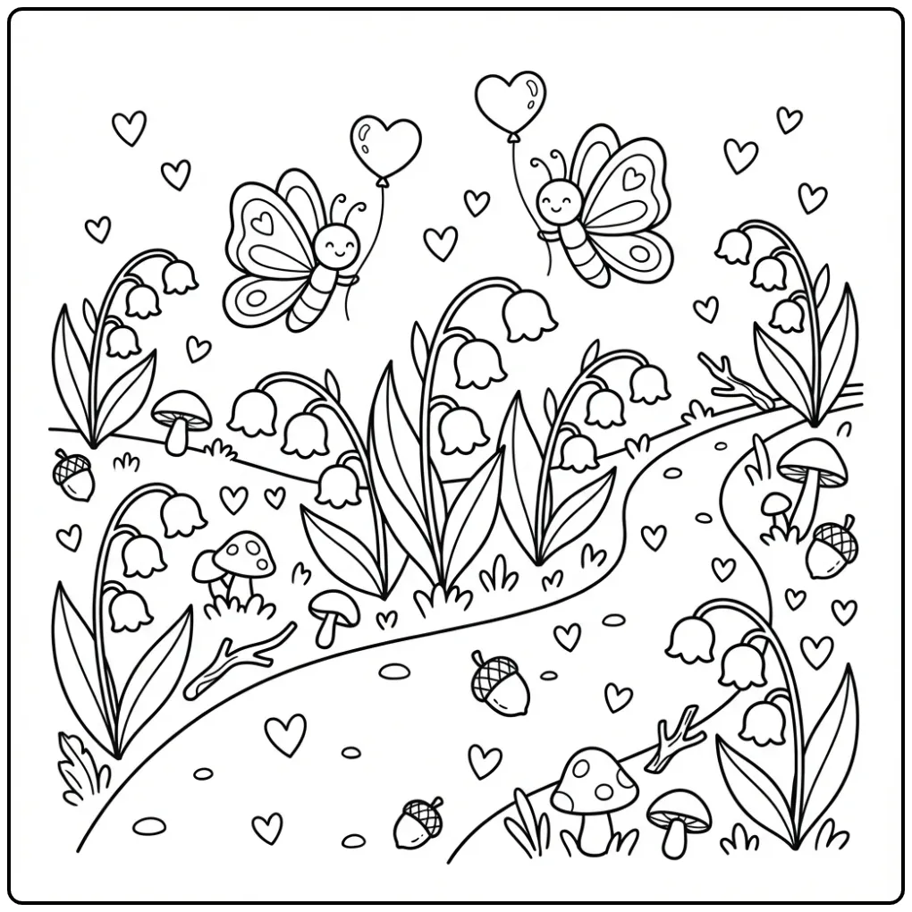 Lieve kleurplaat bloemen vlinders hartjes met ballonnen.