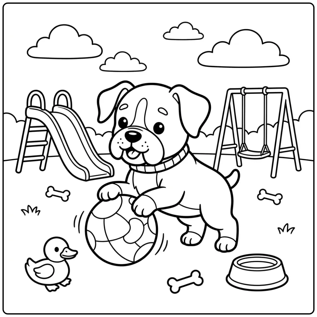 Sportieve kleurplaat boxer hond met bal in speeltuin.