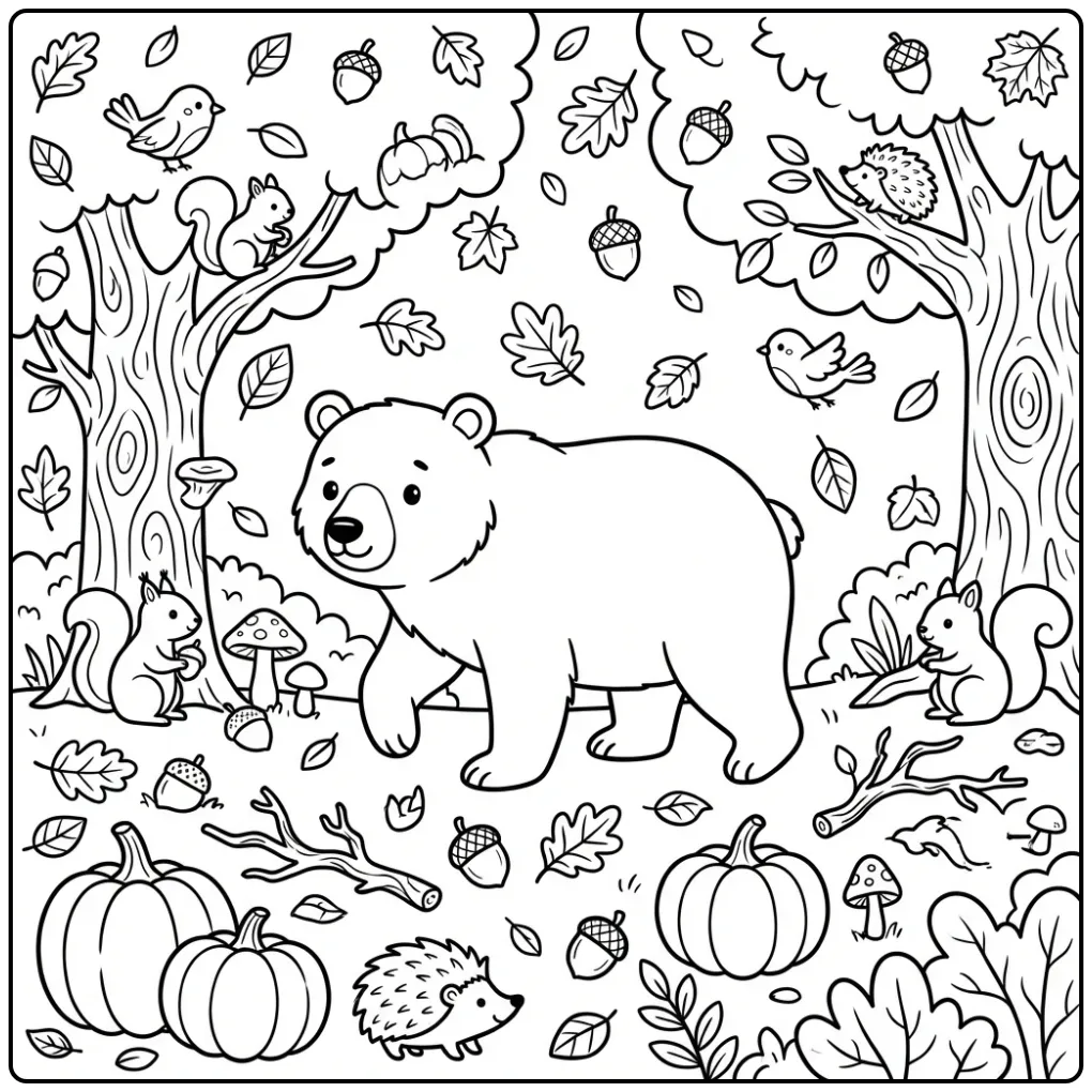 Een kleurplaat bruine beer wandelend in een herfstbos.